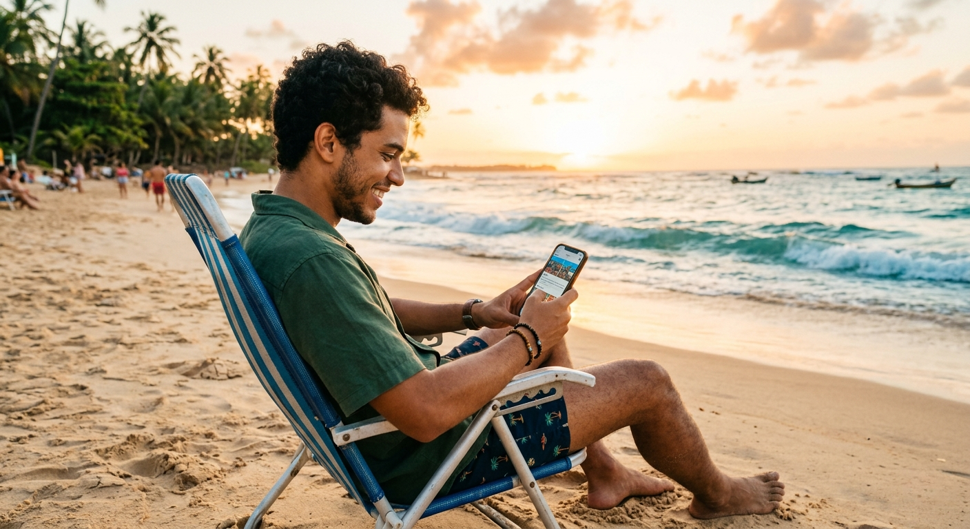 Pessoa conectada e feliz na praia